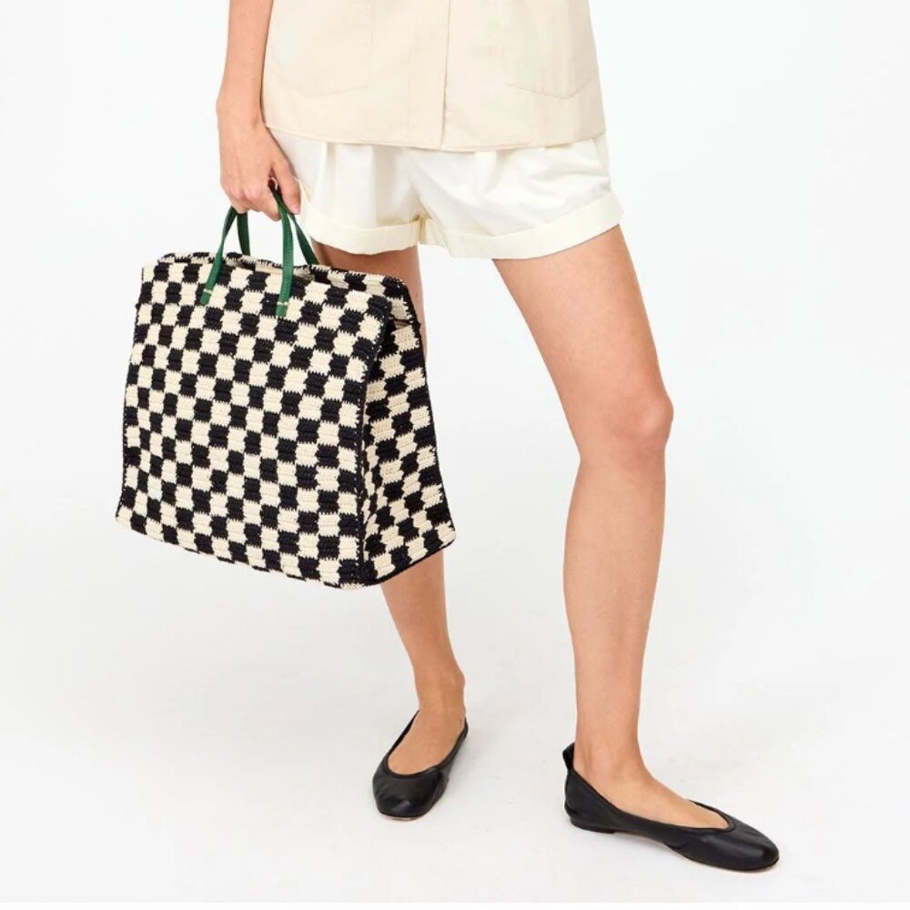 Clare V Summer Simple Tote in Black/Cream Crochet Checker